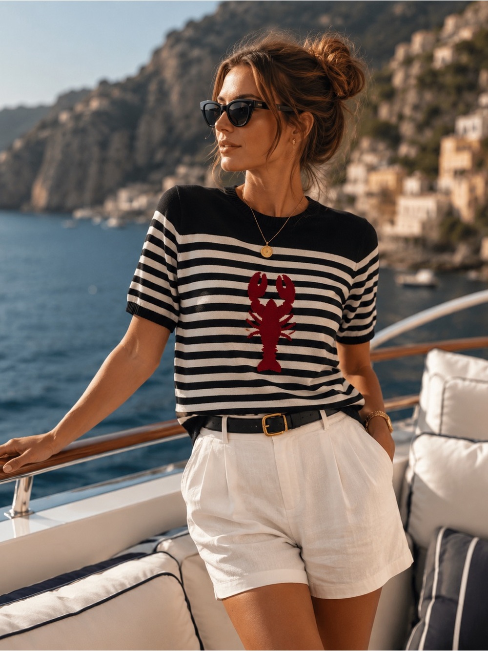 Talbots Black and White Striped Sweater with Red Lobster Motif